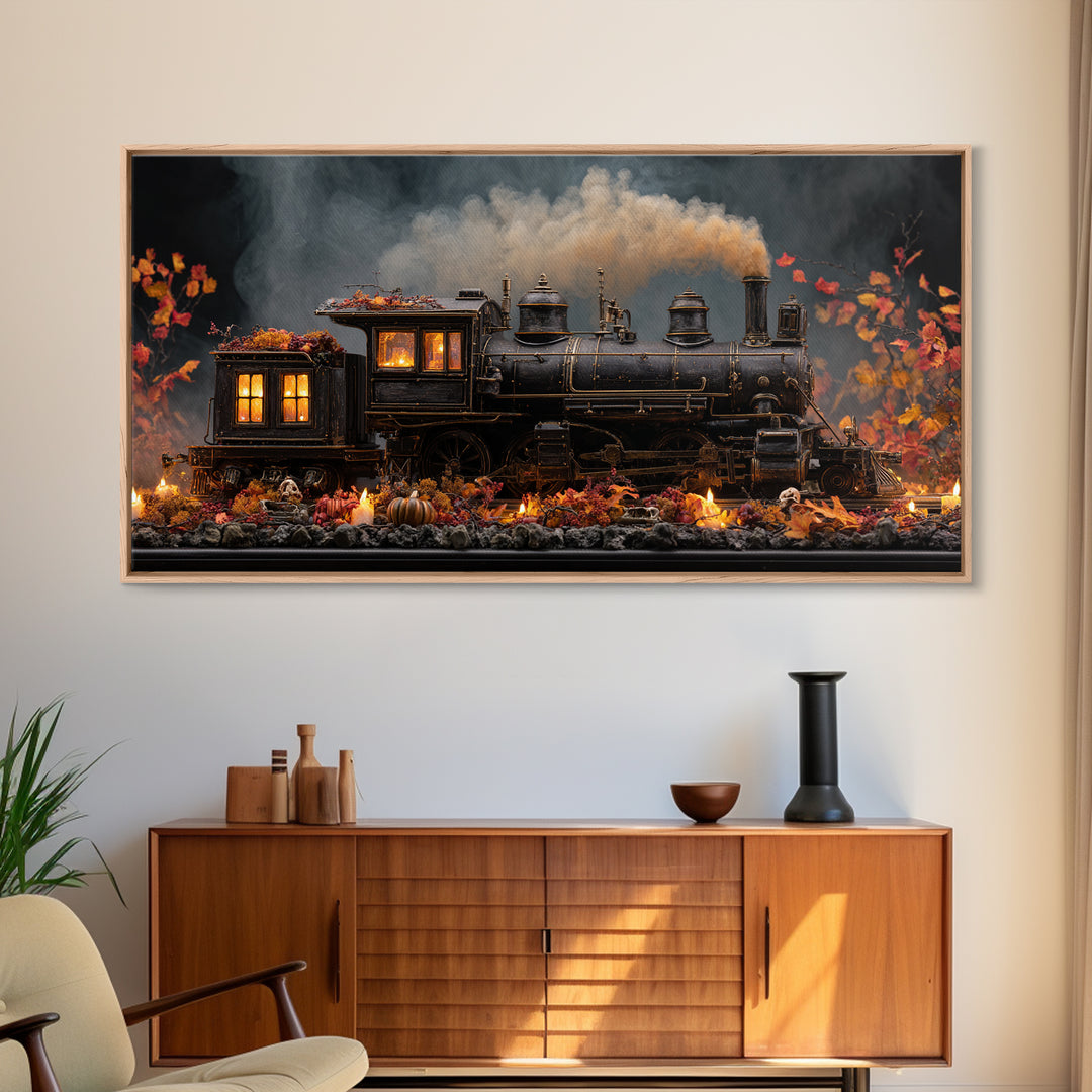 The Phantom Train Of October - Occult Still Life, Macabre Halloween Art, Wide Panoramic Art, Framed Canvas Print, Halloween Home Decor