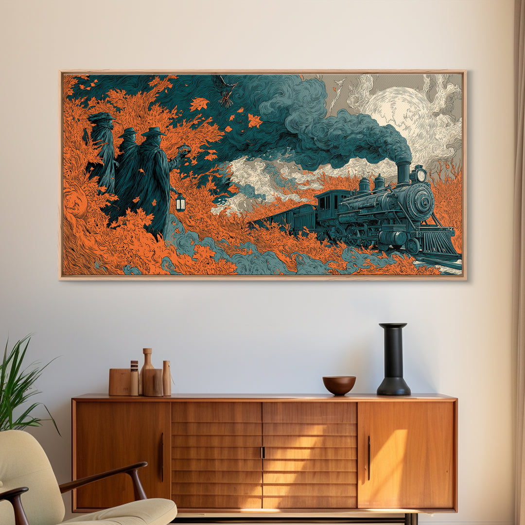 The Phantom Train Of October - Procession Scene, Halloween Wall Art, Wide Panoramic Art, Framed Canvas Print, Halloween Home Decor