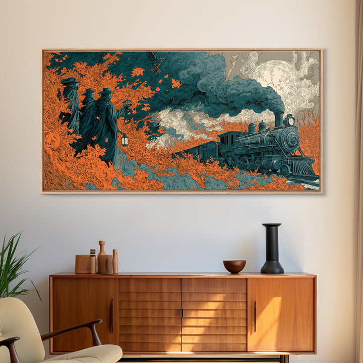 The Phantom Train Of October - Procession Scene, Halloween Wall Art, Wide Panoramic Art, Framed Canvas Print, Halloween Home Decor