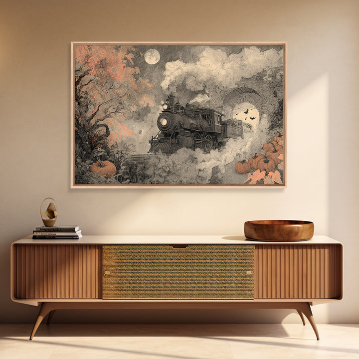 The Phantom Train Of October - Surreal Celestial Vision, Occult Wall Decor, Landscape Wall Art, Canvas Print, Halloween Home Decor