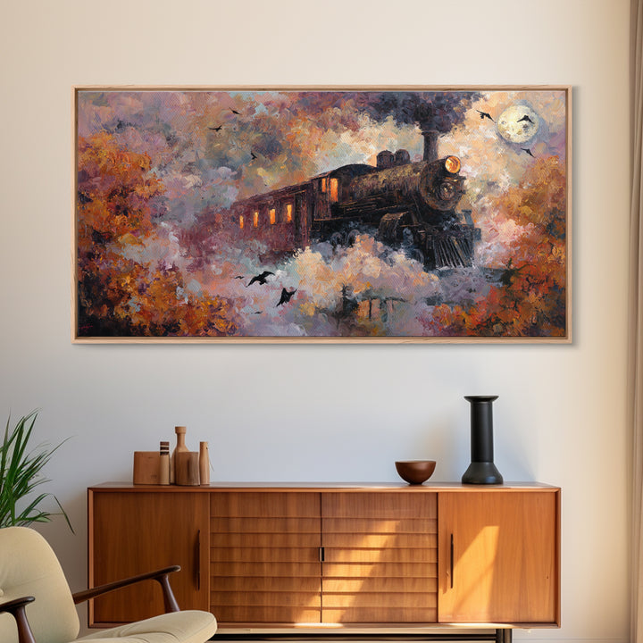 The Phantom Train Of October - Surreal Celestial Vision, Spooky Wall Decor, Wide Panoramic Art, Framed Canvas Print, Halloween Home Decor