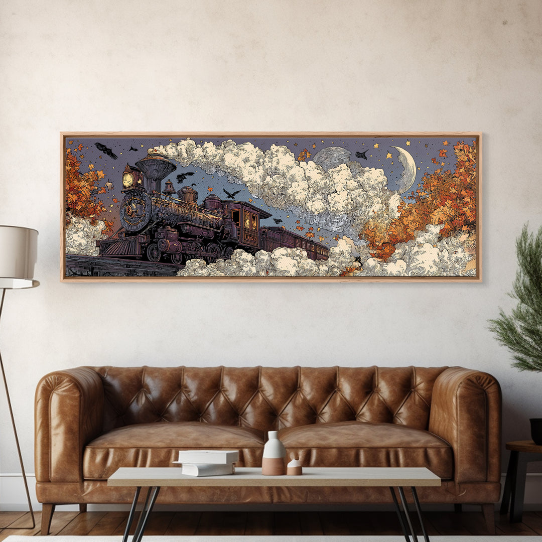 The Phantom Train Of October - Surreal Celestial Vision, Spooky Wall Decor, Extra Wide Wall Art, Framed Canvas Print, Halloween Home Decor