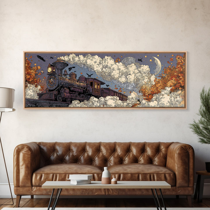 The Phantom Train Of October - Surreal Celestial Vision, Spooky Wall Decor, Extra Wide Wall Art, Framed Canvas Print, Halloween Home Decor