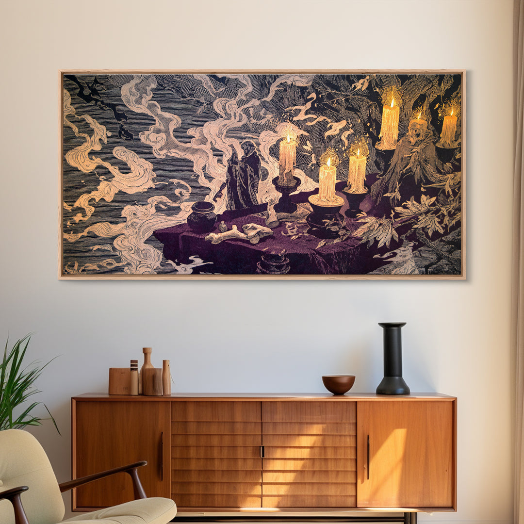 The Bone Key Still Life - Procession Scene, Spooky Wall Decor, Wide Panoramic Art, Framed Canvas Print, Halloween Home Decor