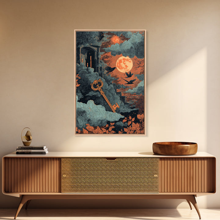 The Bone Key Still Life - Surreal Celestial Vision, Spooky Wall Decor, Vertical Wall Art, Framed Canvas Print, Halloween Home Decor