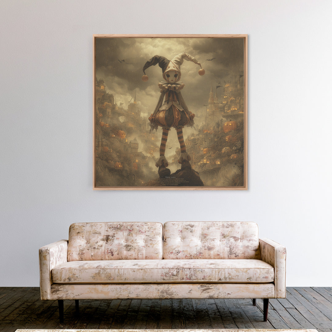 The Haunted Harlequin Doll - Environmental Panorama, Spooky Wall Decor, Square Wall Art, Framed Canvas Print, Halloween Home Decor