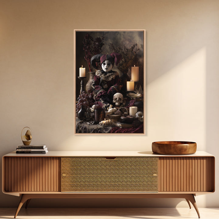 The Haunted Harlequin Doll - Occult Still Life, Halloween Wall Art, Vertical Wall Art, Framed Canvas Print, Halloween Home Decor