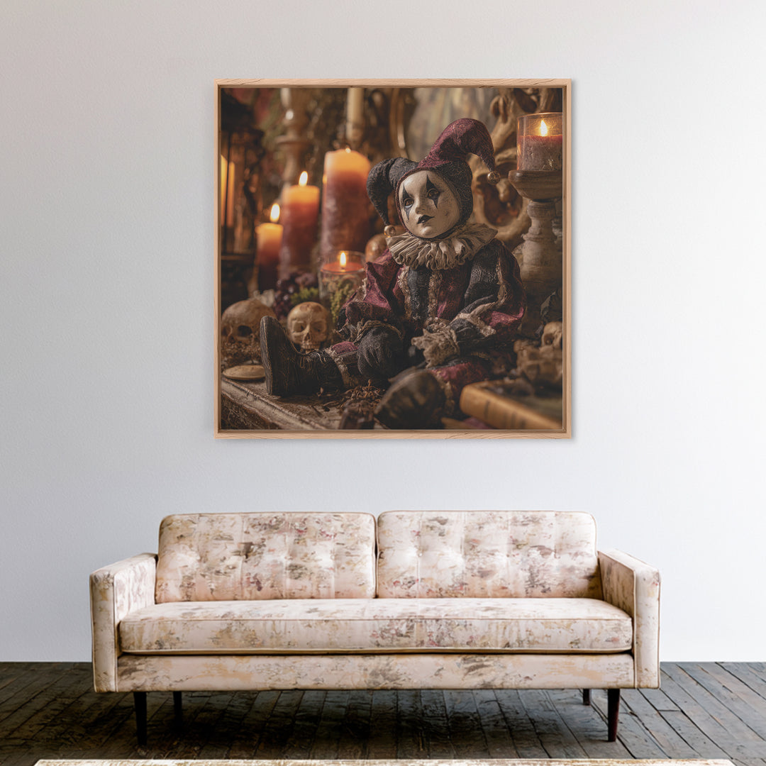 The Haunted Harlequin Doll - Occult Still Life, Spooky Wall Decor, Square Wall Art, Framed Canvas Print, Halloween Home Decor