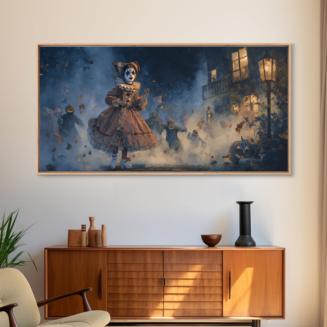 The Haunted Harlequin Doll - Procession Scene, Dark Fantasy Wall Art, Wide Panoramic Art, Canvas Print, Halloween Home Decor