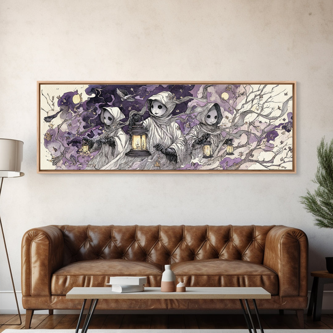 The Haunted Harlequin Doll - Procession Scene, Occult Wall Decor, Extra Wide Wall Art, Canvas Print, Halloween Home Decor, Gothic Wall Art