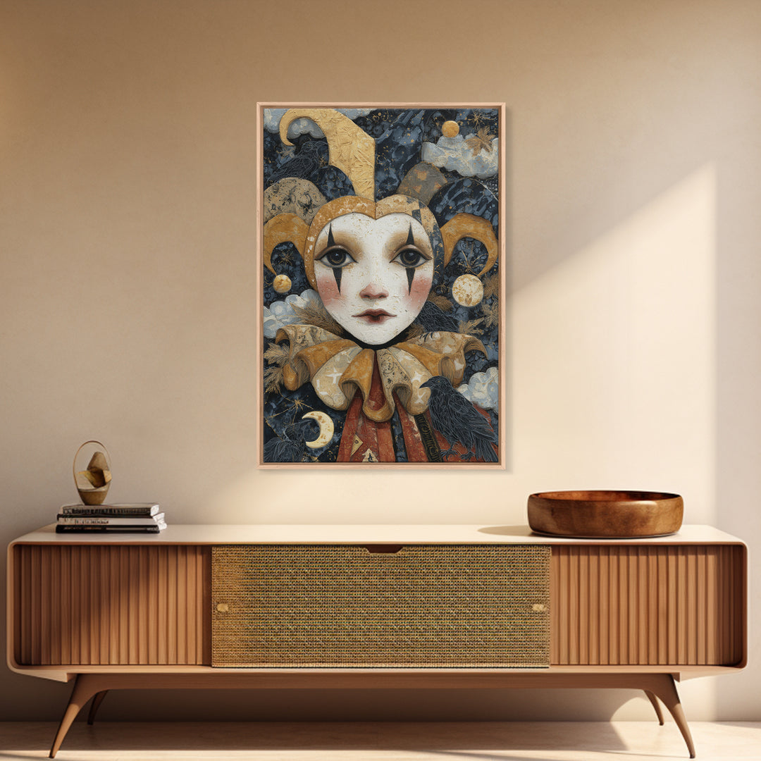 The Haunted Harlequin Doll - Surreal Celestial Vision, Dark Fantasy Wall Art, Vertical Wall Art, Canvas Print, Halloween Home Decor