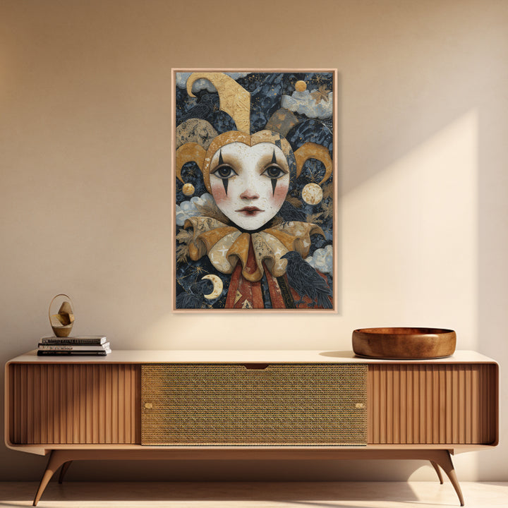 The Haunted Harlequin Doll - Surreal Celestial Vision, Dark Fantasy Wall Art, Vertical Wall Art, Canvas Print, Halloween Home Decor