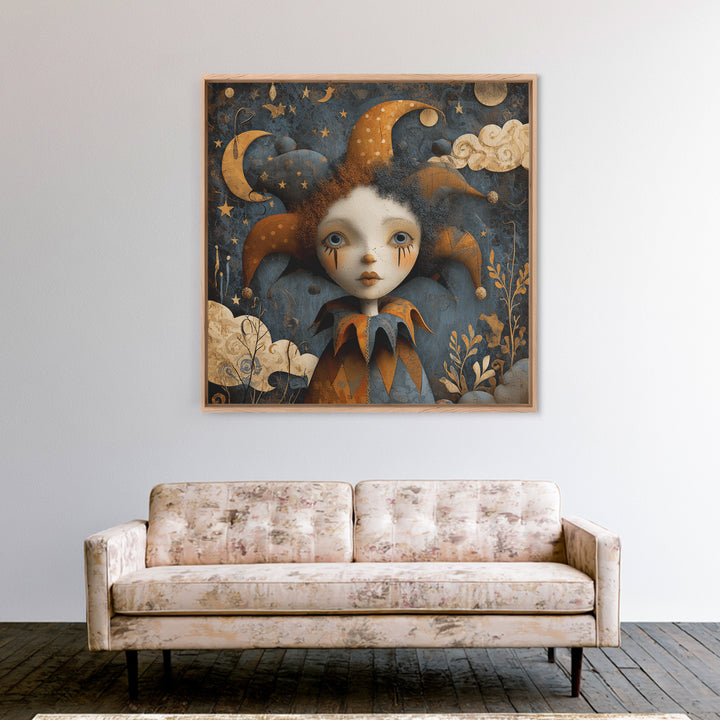 The Haunted Harlequin Doll - Surreal Celestial Vision, Halloween Wall Art, Square Wall Art, Framed Canvas Print, Halloween Home Decor