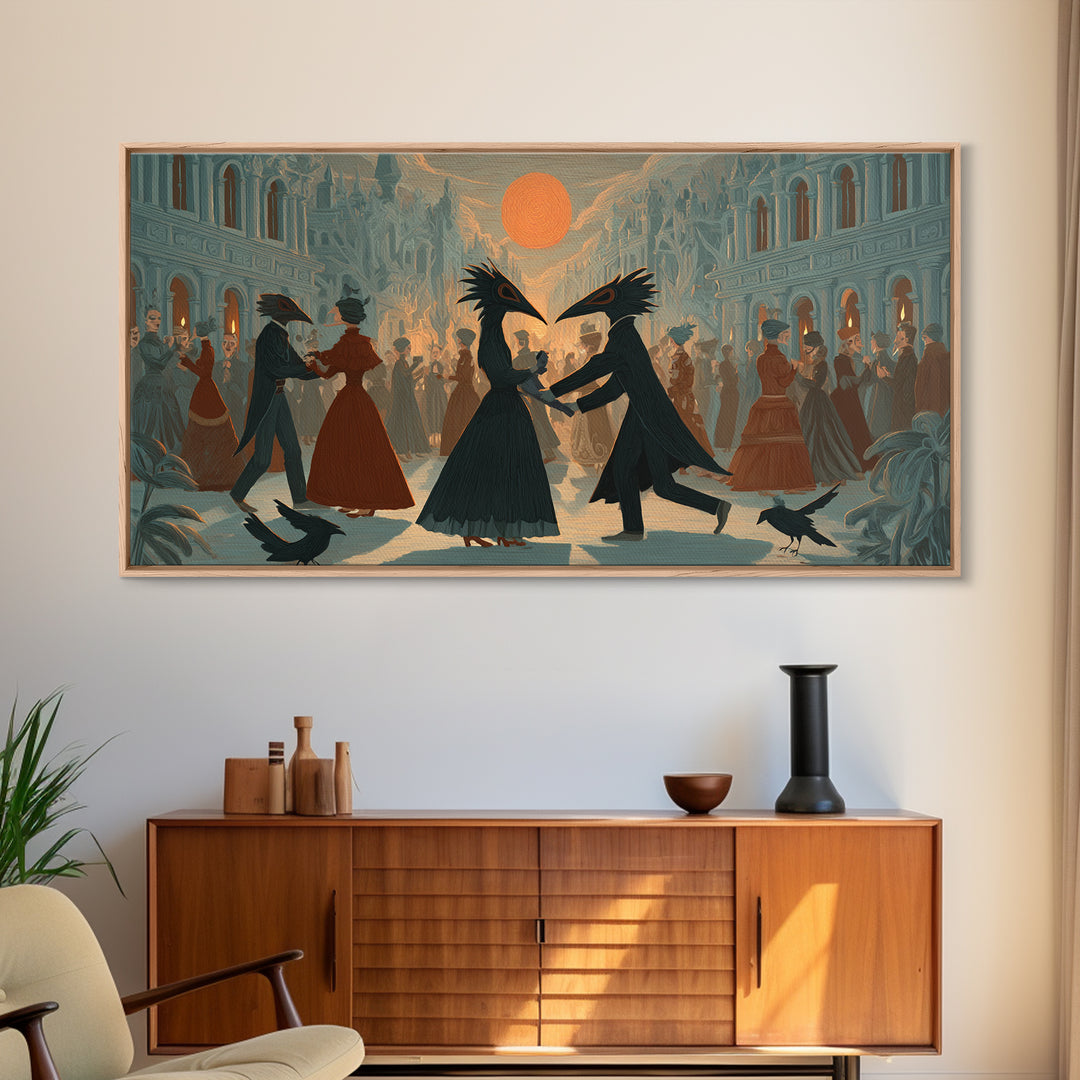 The Raven-Masked Ballroom - Environmental Panorama, Macabre Halloween Art, Wide Panoramic Art, Framed Canvas Print, Halloween Home Decor
