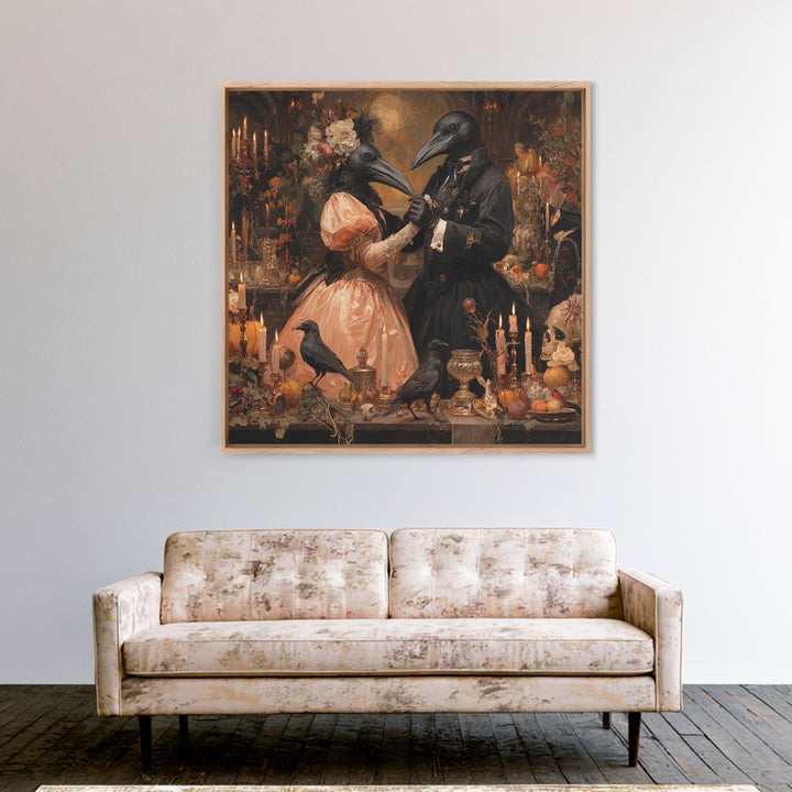 The Raven-Masked Ballroom - Occult Still Life, Spooky Wall Decor, Square Wall Art, Framed Canvas Print, Halloween Home Decor