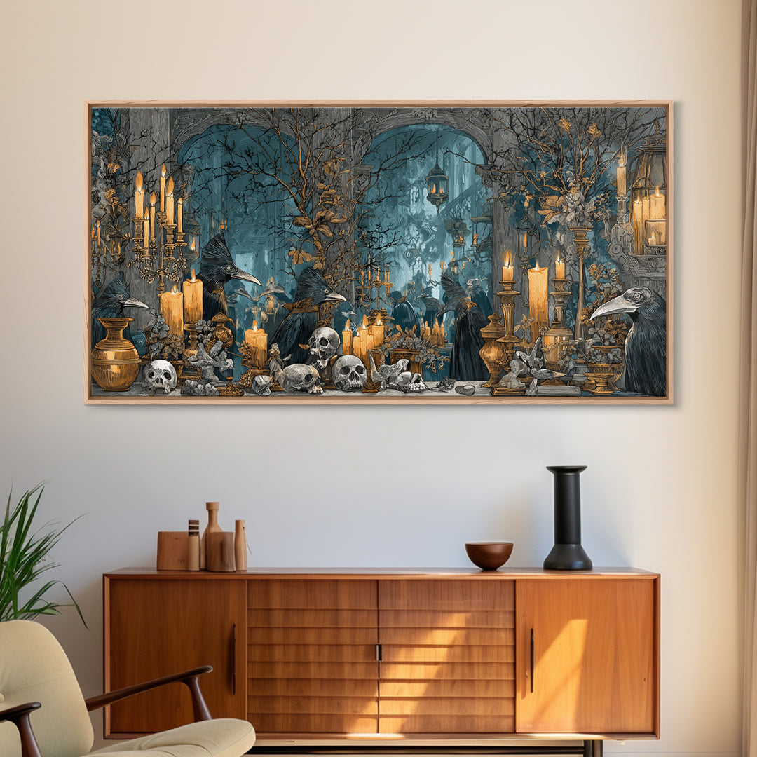 The Raven-Masked Ballroom - Occult Still Life, Halloween Wall Art, Wide Panoramic Art, Framed Canvas Print, Halloween Home Decor
