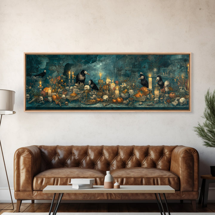 The Raven-Masked Ballroom - Occult Still Life, Halloween Wall Art, Extra Wide Wall Art, Framed Canvas Print, Halloween Home Decor