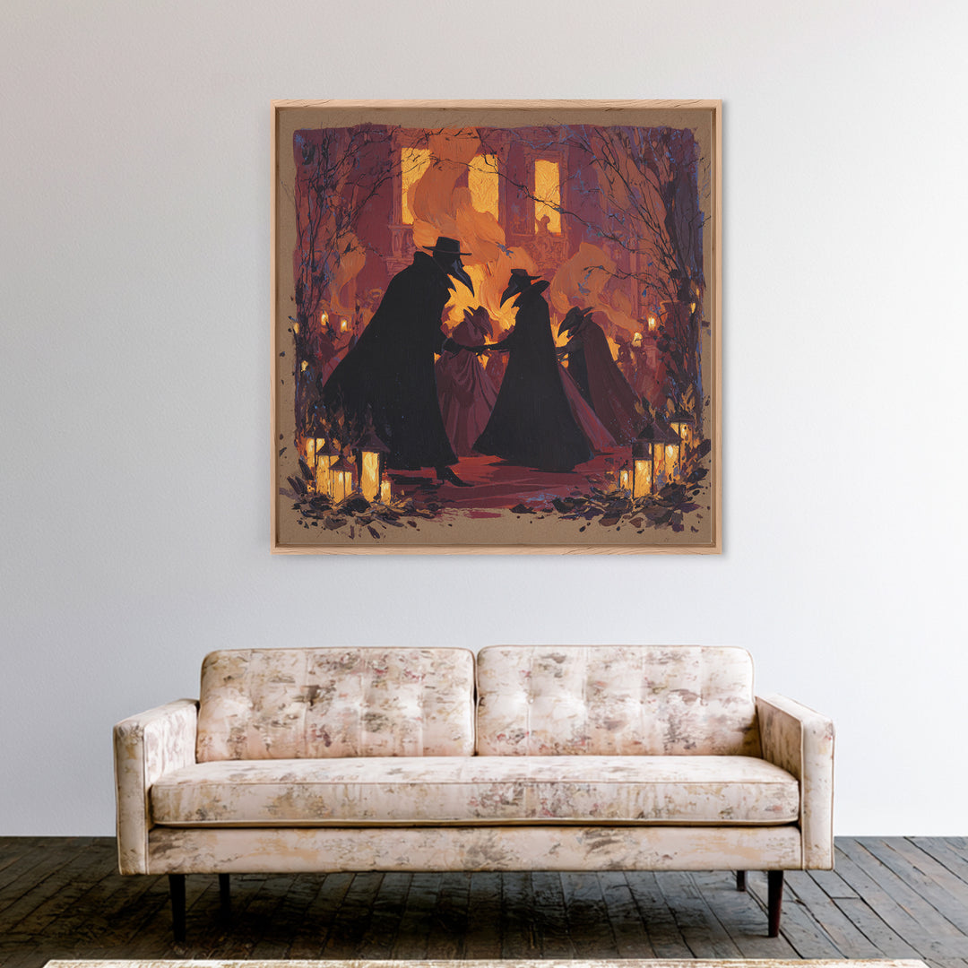 The Raven-Masked Ballroom - Procession Scene, Spooky Wall Decor, Square Wall Art, Framed Canvas Print, Halloween Home Decor, Gothic Wall Art