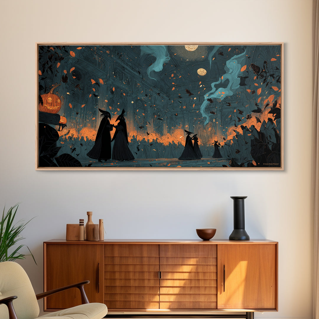 The Raven-Masked Ballroom - Procession Scene, Spooky Wall Decor, Wide Panoramic Art, Framed Canvas Print, Halloween Home Decor