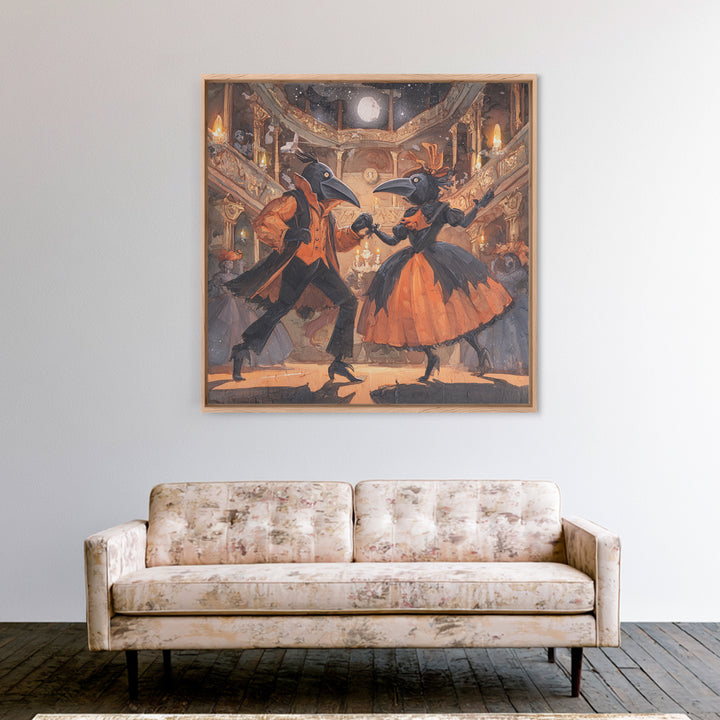 The Raven-Masked Ballroom - Surreal Celestial Vision, Macabre Halloween Art, Square Wall Art, Framed Canvas Print, Halloween Home Decor