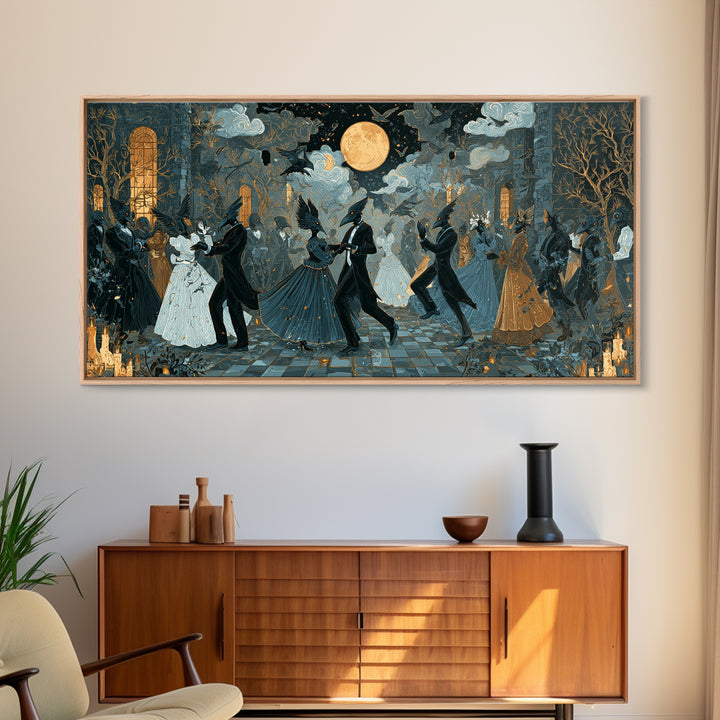 The Raven-Masked Ballroom - Surreal Celestial Vision, Occult Wall Decor, Wide Panoramic Art, Canvas Print, Halloween Home Decor
