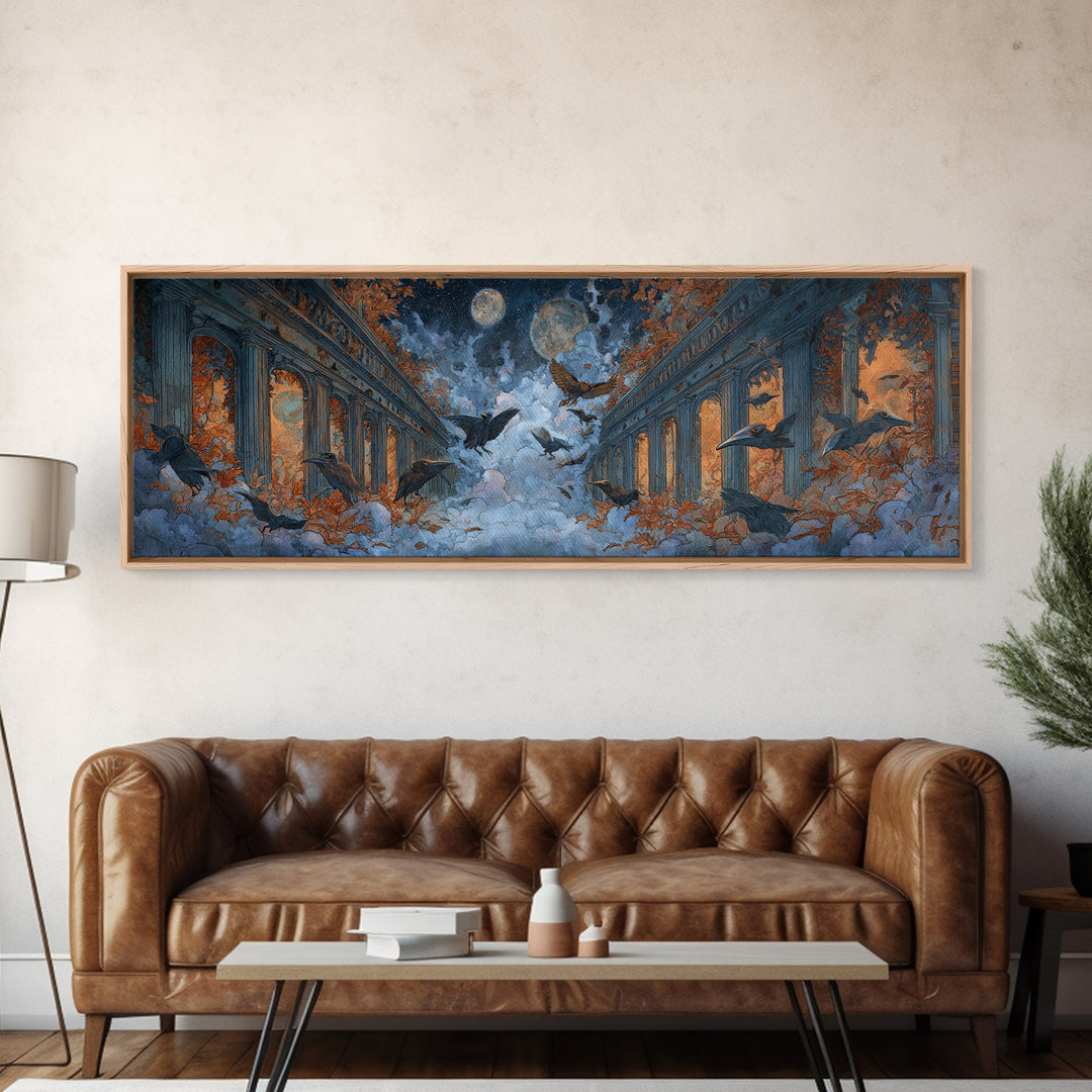 The Raven-Masked Ballroom - Surreal Celestial Vision, Dark Fantasy Wall Art, Extra Wide Wall Art, Canvas Print, Halloween Home Decor