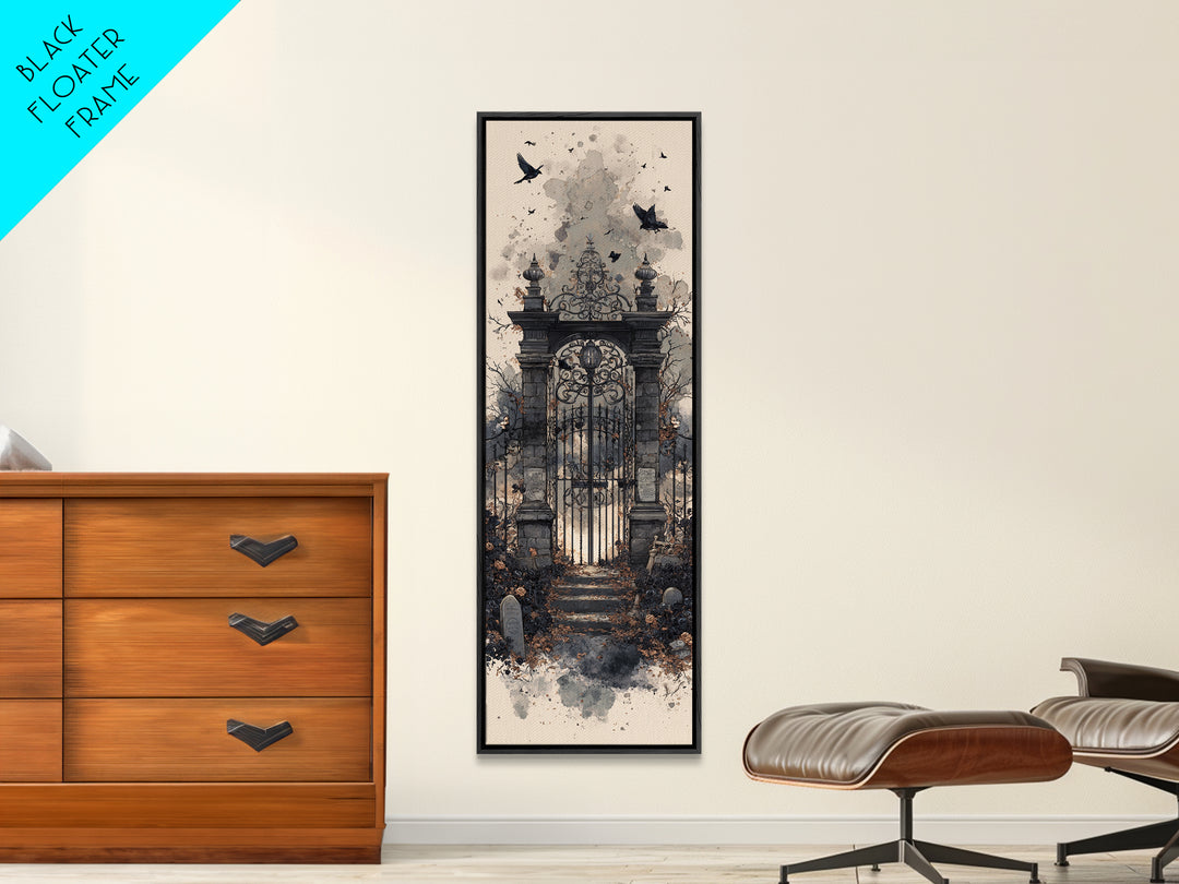 The Black Rose Cemetery Gate - Icon Portrait, Halloween Wall Art, Tall Narrow Wall Art, Framed Canvas Print, Halloween Home Decor