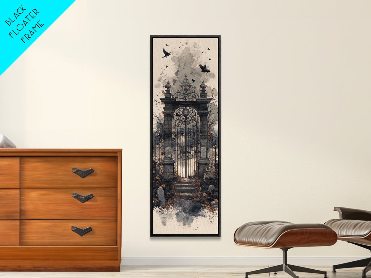 The Black Rose Cemetery Gate - Icon Portrait, Halloween Wall Art, Tall Narrow Wall Art, Framed Canvas Print, Halloween Home Decor
