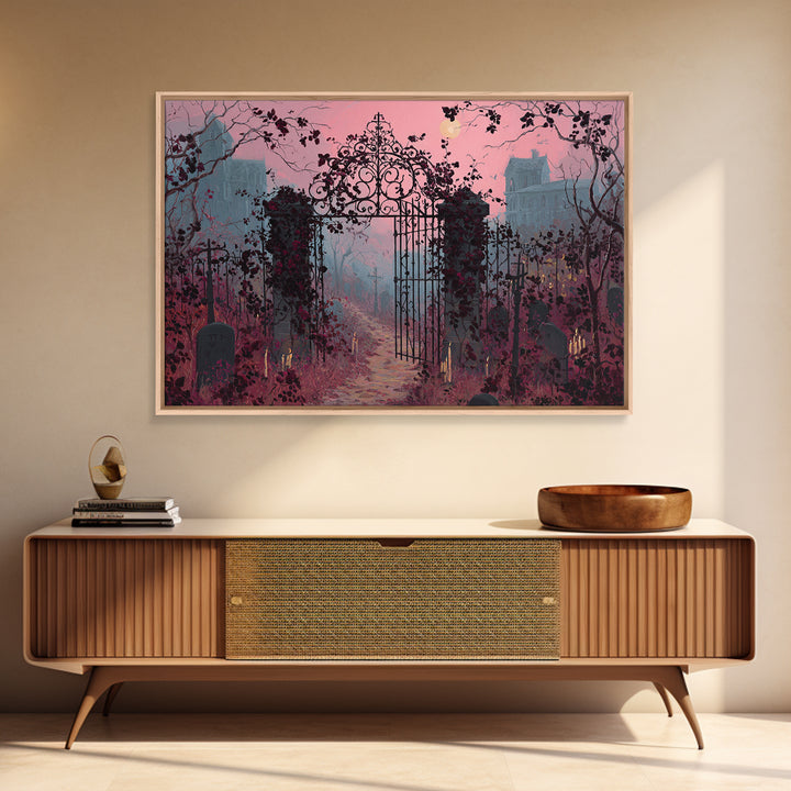 The Black Rose Cemetery Gate - Environmental Panorama, Macabre Halloween Art, Landscape Wall Art, Framed Canvas Print, Halloween Home Decor