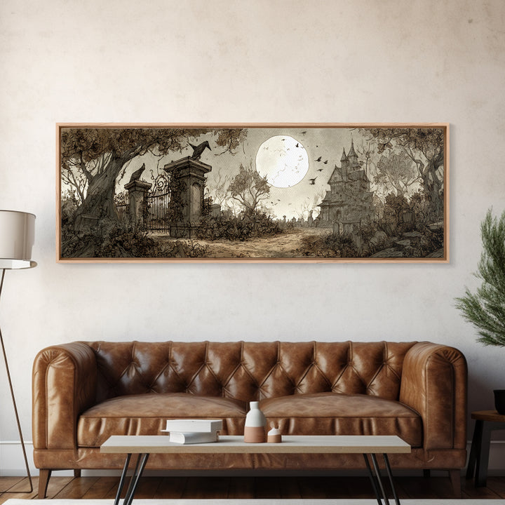The Black Rose Cemetery Gate - Environmental Panorama, Macabre Halloween Art, Extra Wide Wall Art, Framed Canvas Print, Halloween Home Decor
