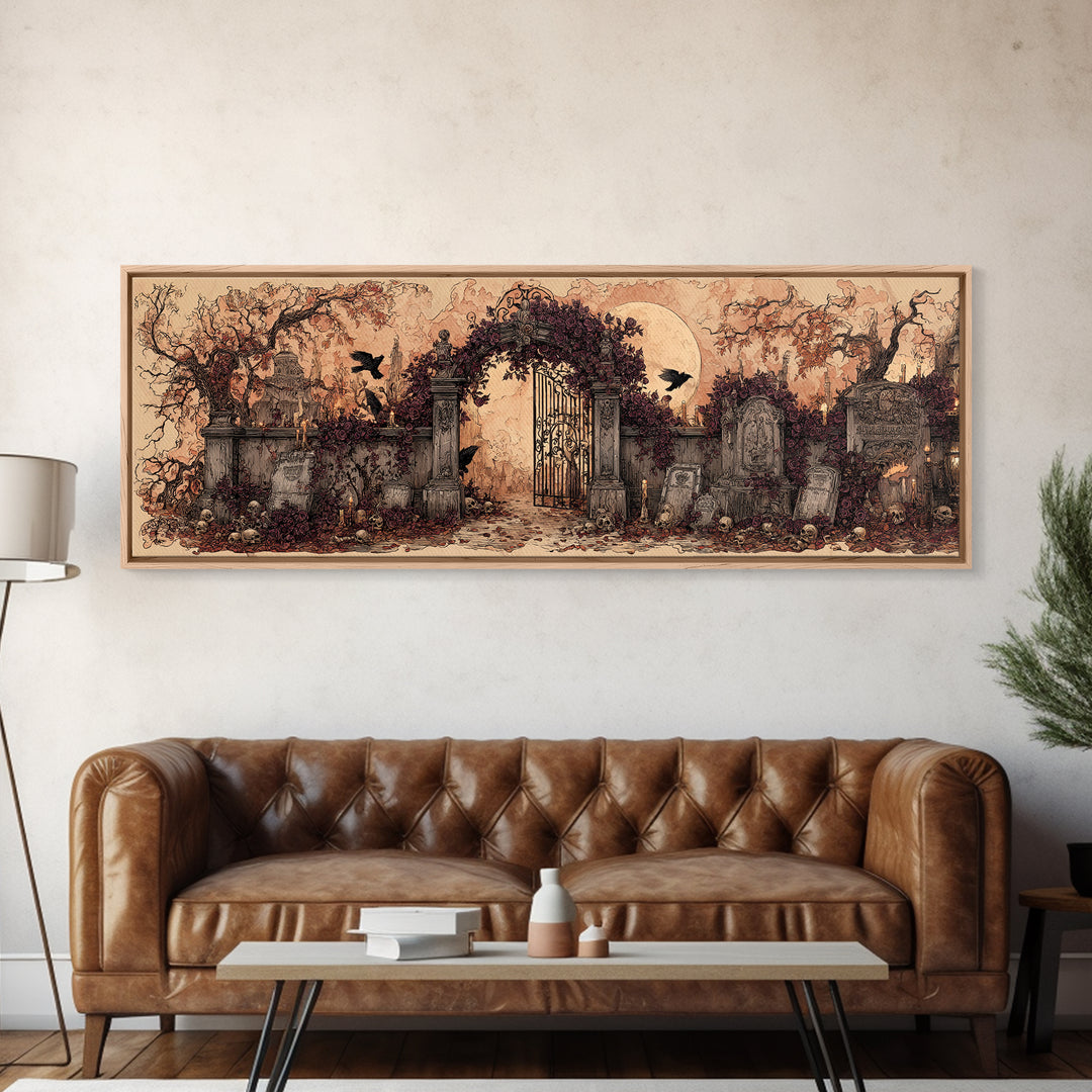 The Black Rose Cemetery Gate - Occult Still Life, Spooky Wall Decor, Extra Wide Wall Art, Framed Canvas Print, Halloween Home Decor