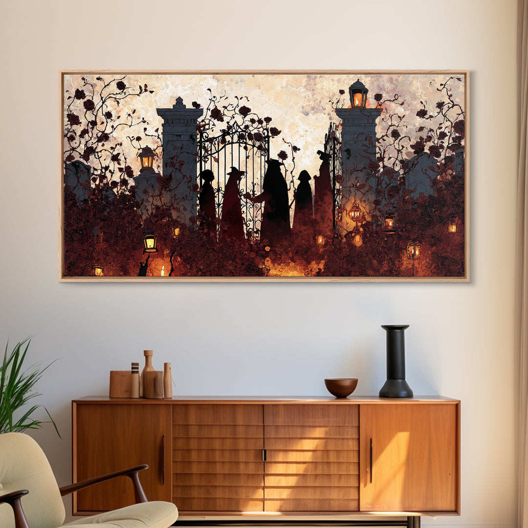 The Black Rose Cemetery Gate - Procession Scene, Spooky Wall Decor, Wide Panoramic Art, Framed Canvas Print, Halloween Home Decor