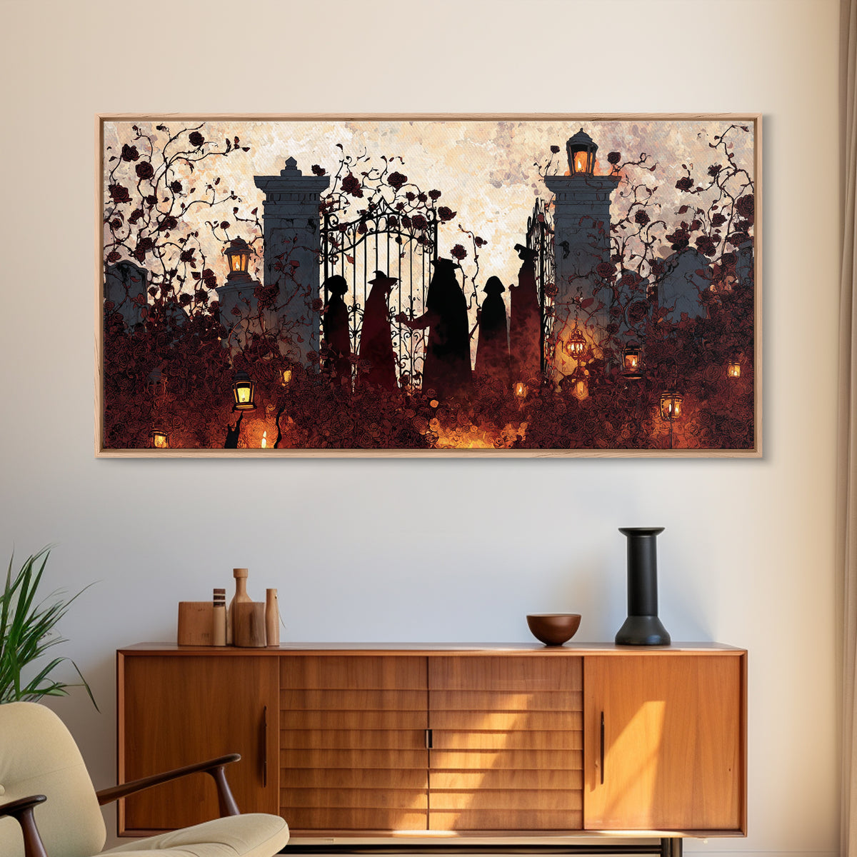 The Black Rose Cemetery Gate - Procession Scene, Spooky Wall Decor, Wide Panoramic Art, Framed Canvas Print, Halloween Home Decor