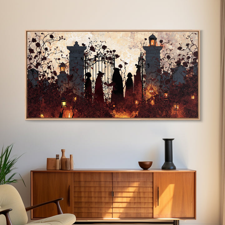The Black Rose Cemetery Gate - Procession Scene, Spooky Wall Decor, Wide Panoramic Art, Framed Canvas Print, Halloween Home Decor