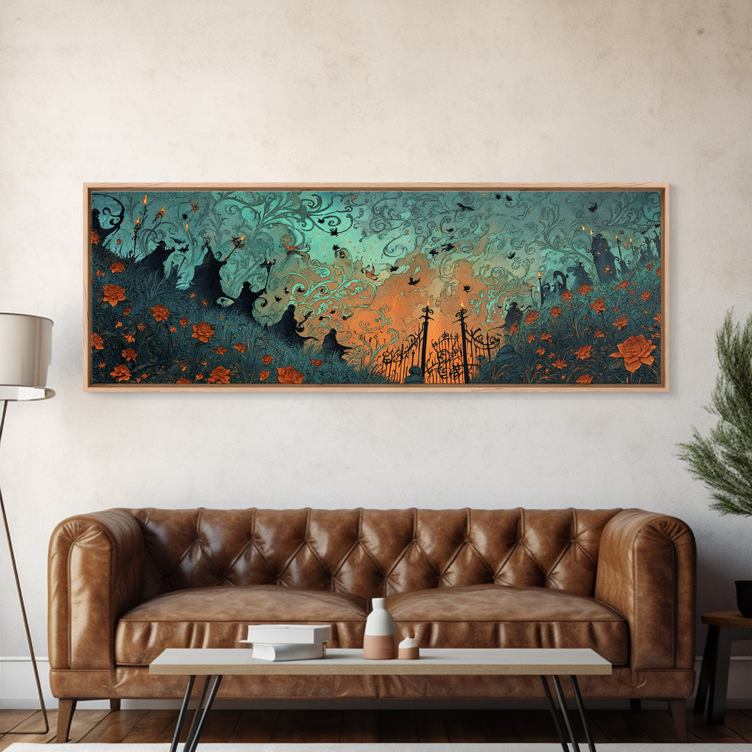 The Black Rose Cemetery Gate - Procession Scene, Dark Fantasy Wall Art, Extra Wide Wall Art, Canvas Print, Halloween Home Decor