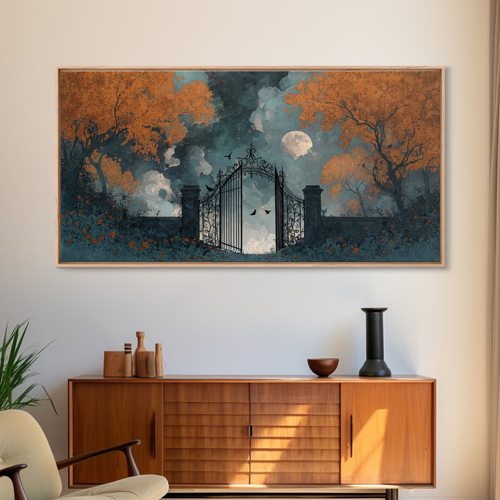 The Black Rose Cemetery Gate - Surreal Celestial Vision, Occult Wall Decor, Wide Panoramic Art, Canvas Print, Halloween Home Decor