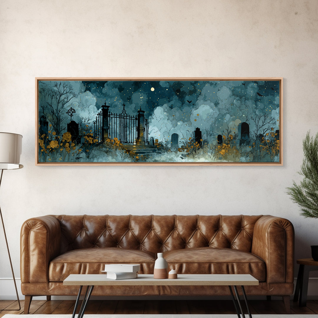 The Black Rose Cemetery Gate - Surreal Celestial Vision, Halloween Wall Art, Extra Wide Wall Art, Framed Canvas Print, Halloween Home Decor