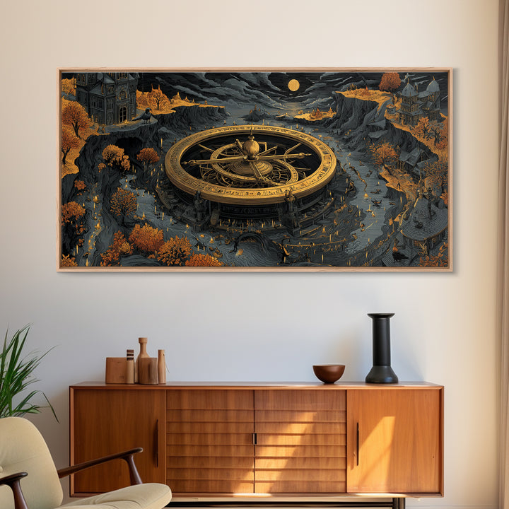 The Cursed Astrolabe - Environmental Panorama, Spooky Wall Decor, Wide Panoramic Art, Framed Canvas Print, Halloween Home Decor
