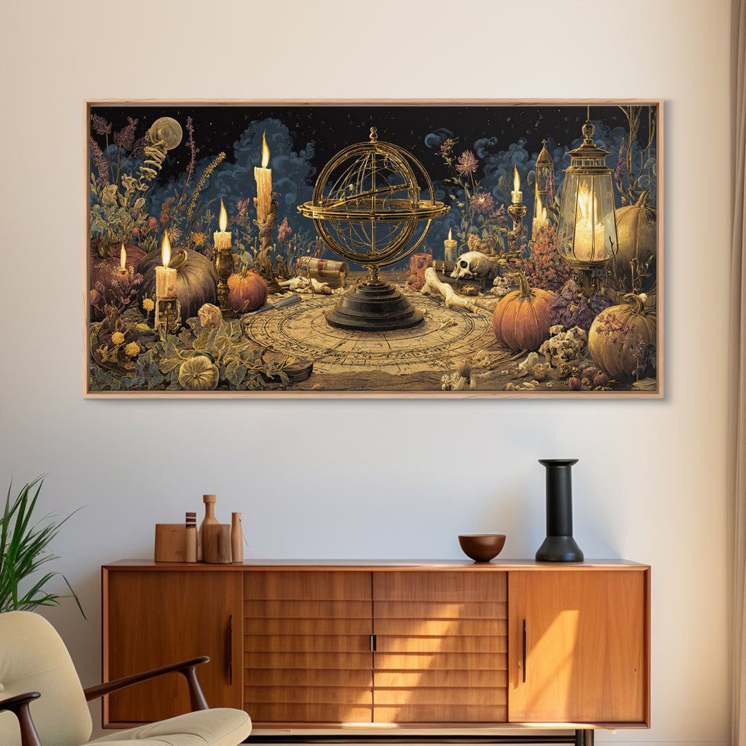 The Cursed Astrolabe - Occult Still Life, Occult Wall Decor, Wide Panoramic Art, Canvas Print, Halloween Home Decor, Gothic Wall Art