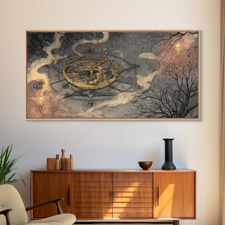 The Cursed Astrolabe - Surreal Celestial Vision, Halloween Wall Art, Wide Panoramic Art, Framed Canvas Print, Halloween Home Decor