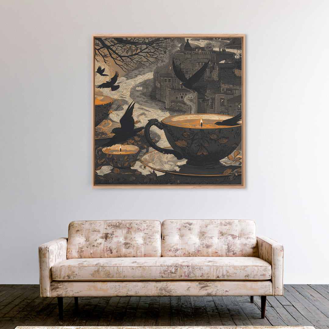 The Haunted Teacup Seance - Environmental Panorama, Dark Fantasy Wall Art, Square Wall Art, Canvas Print, Halloween Home Decor