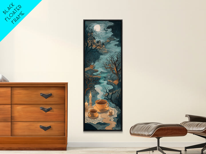 The Haunted Teacup Seance - Environmental Panorama, Spooky Wall Decor, Tall Narrow Wall Art, Framed Canvas Print, Halloween Home Decor