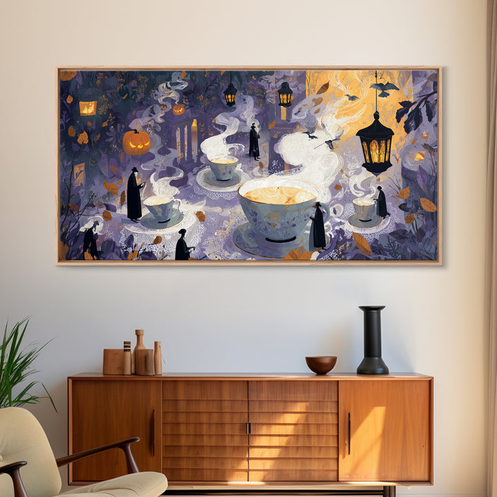 The Haunted Teacup Seance - Procession Scene, Dark Fantasy Wall Art, Wide Panoramic Art, Canvas Print, Halloween Home Decor, Gothic Wall Art