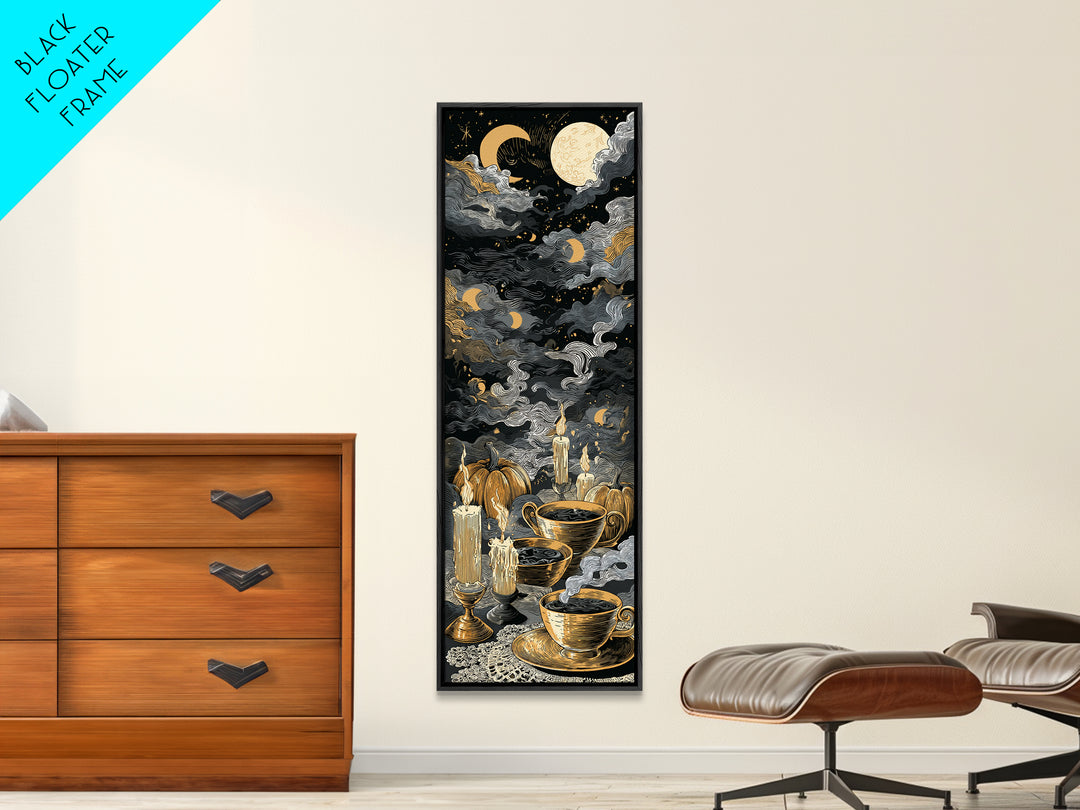 The Haunted Teacup Seance - Surreal Celestial Vision, Macabre Halloween Art, Tall Narrow Wall Art, Framed Canvas Print, Halloween Home Decor