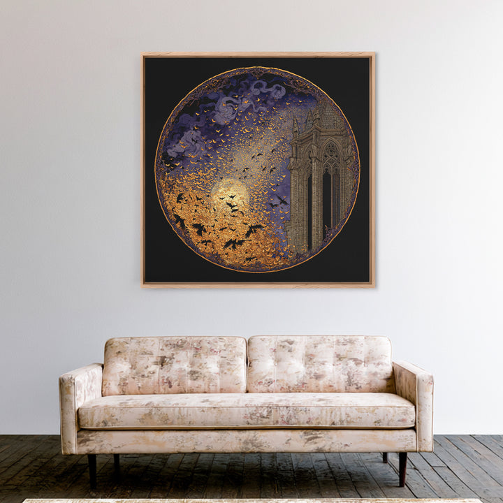 The Golden Bat Swarm - Icon Portrait, Gothic Home Decor, Square Wall Art, Canvas Print, Halloween Home Decor, Gothic Wall Art