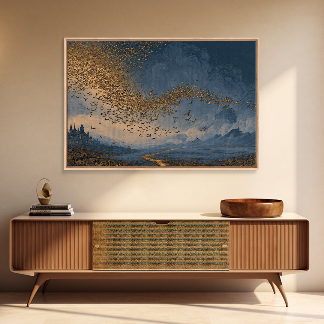 The Golden Bat Swarm - Environmental Panorama, Spooky Wall Decor, Landscape Wall Art, Framed Canvas Print, Halloween Home Decor