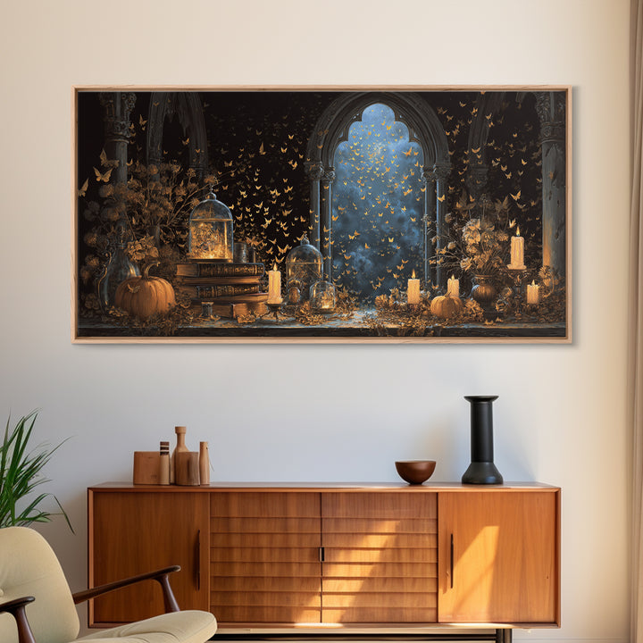 The Golden Bat Swarm - Occult Still Life, Gothic Home Decor, Wide Panoramic Art, Canvas Print, Halloween Home Decor, Gothic Wall Art