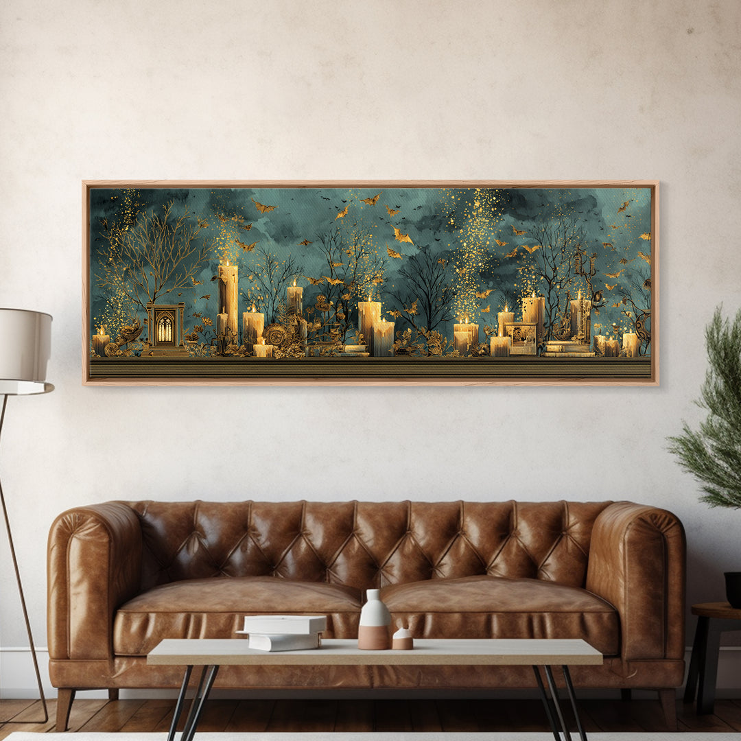 The Golden Bat Swarm - Occult Still Life, Macabre Halloween Art, Extra Wide Wall Art, Framed Canvas Print, Halloween Home Decor