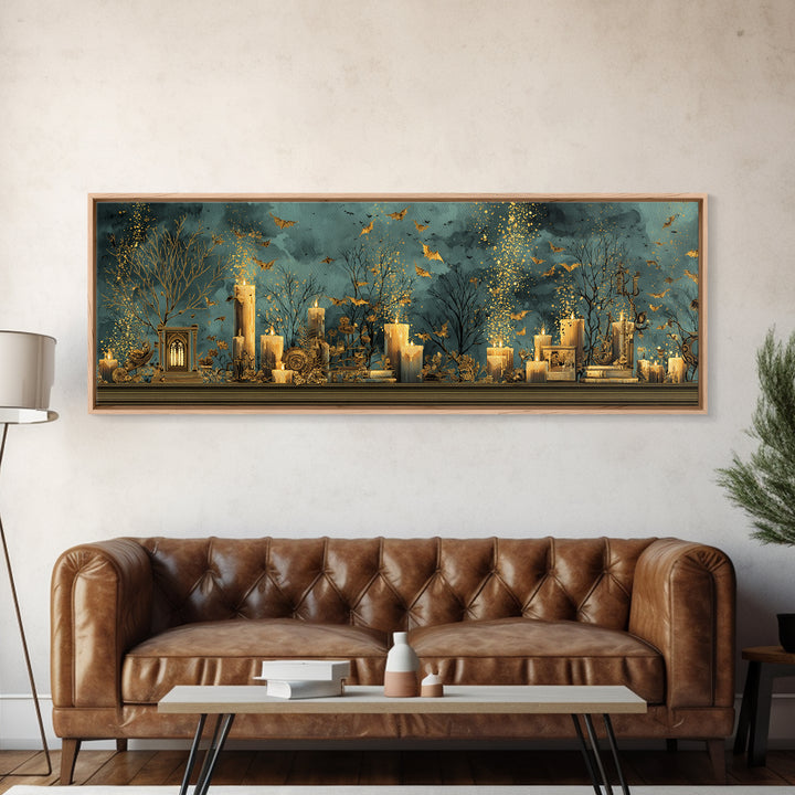The Golden Bat Swarm - Occult Still Life, Macabre Halloween Art, Extra Wide Wall Art, Framed Canvas Print, Halloween Home Decor