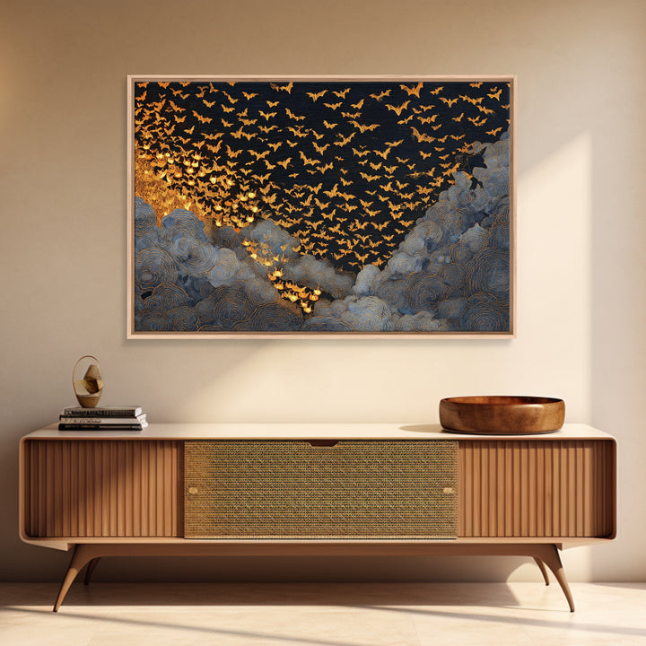 The Golden Bat Swarm - Procession Scene, Spooky Wall Decor, Landscape Wall Art, Framed Canvas Print, Halloween Home Decor, Gothic Wall Art